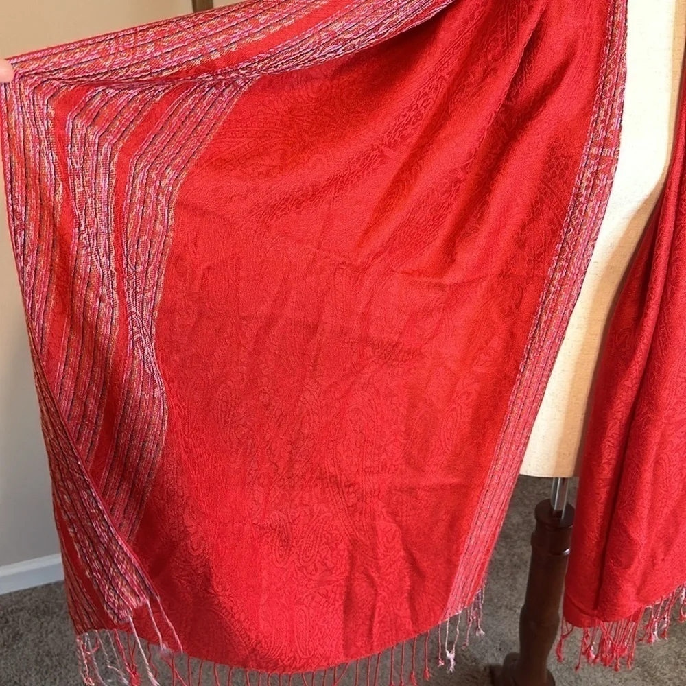Soft Red Scarf with Striping and Fringe- Viscose and Acrylic Blend